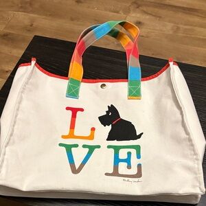 RADLEY LONDON White Canvas Tote with Rainbow Handles and Dog LOVE Graphic